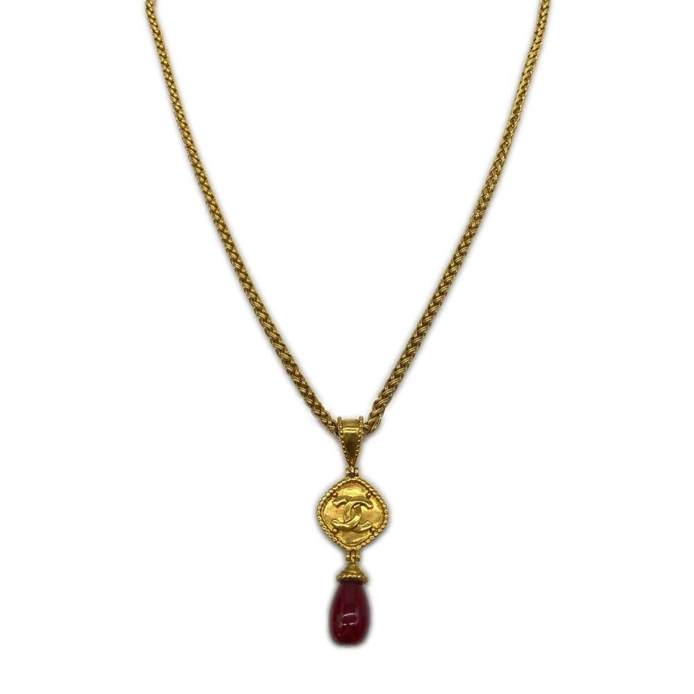 CHANEL Coco Mark Long Necklace, Resin, Gold, Red, GP, Women's - Picture 1 of 10